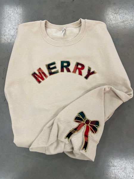 MERRY Plaid Applique Side Bow Embroidered Sweatshirt