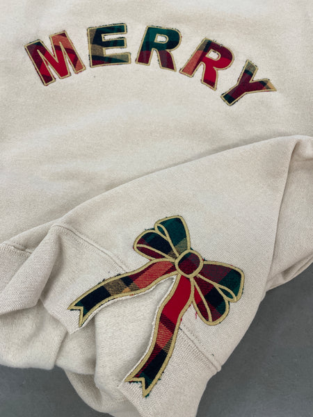 MERRY Plaid Applique Side Bow Embroidered Sweatshirt