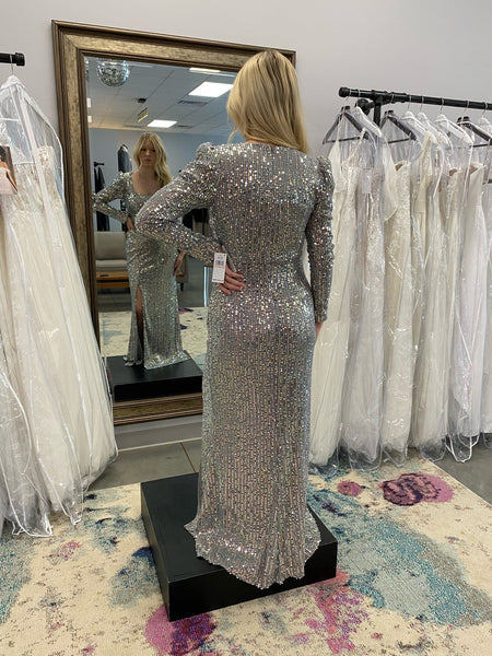 Alex & Eve J196872 Silver Sequin Gown