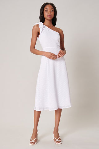 Kismet White Chiffon Dot One Shoulder Midi Dress